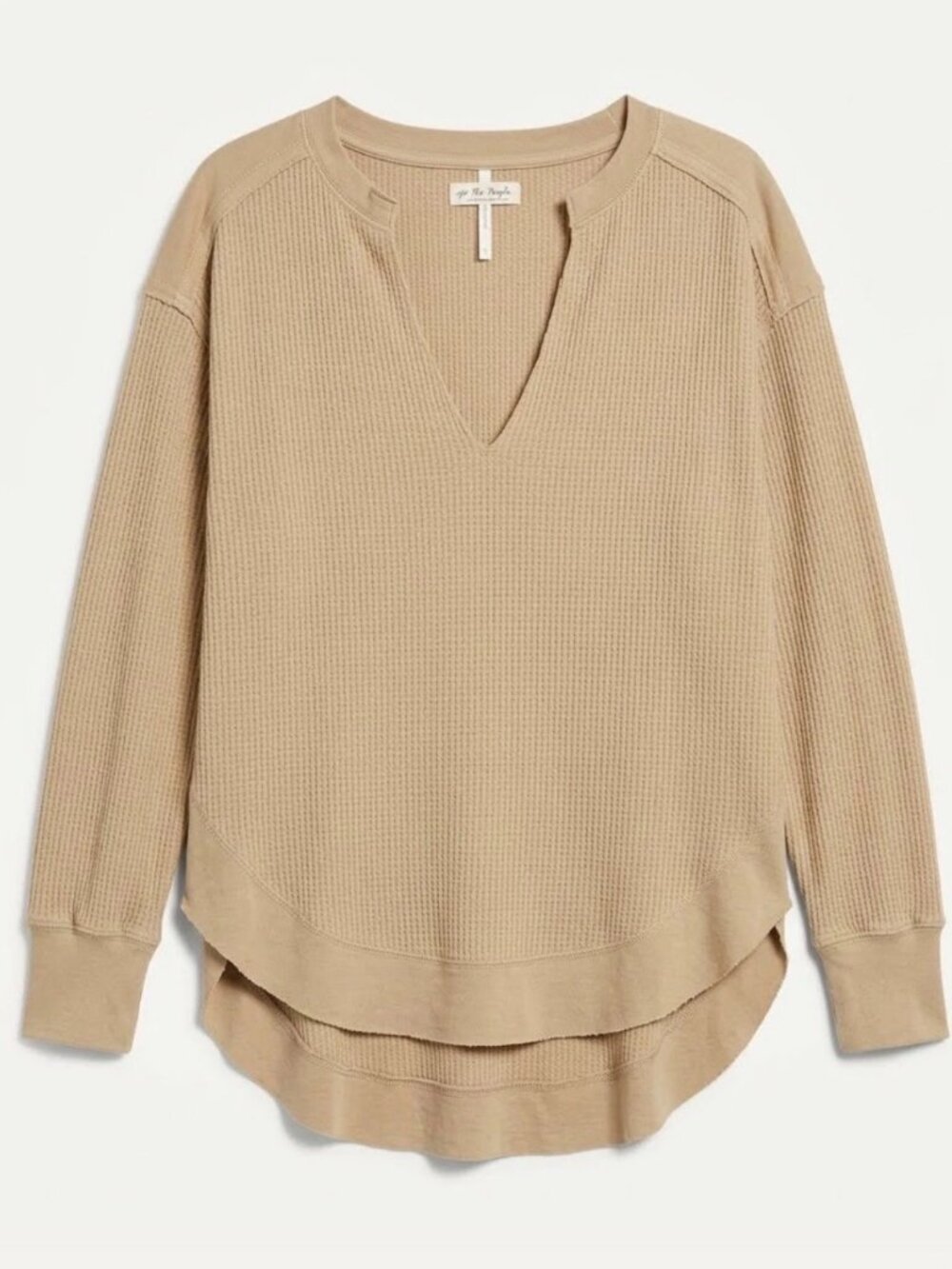We The Free Go De Touch Waffle Knit Pullover Top V-Neck Thermal Tunic Tan Small